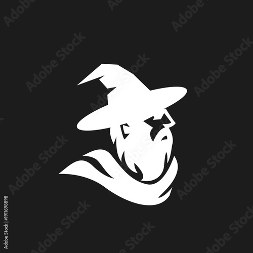 Stylized Wizard Head Logo with Pointy Hat and Beard - Fantasy Magic Character Design