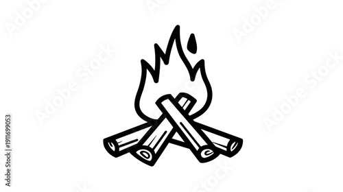 A monochrome illustration of a campfire, flames erupting from wooden logs arranged in a teepee shape