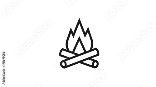 A black and white icon of a bonfire with burning flames atop crossed logs, centered on a white background