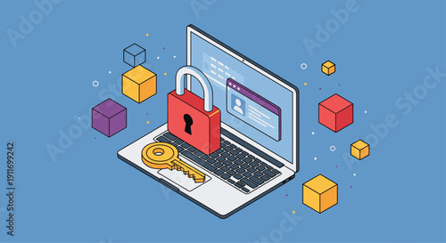 Secure laptop computer with a large red padlock and golden key representing cyber security and data protection in an isometric style.