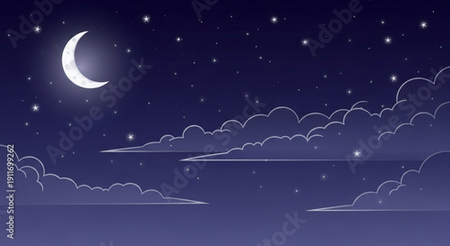 Night sky with crescent moon stars and clouds serene celestial landscape background