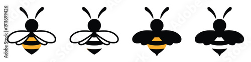 Set of stylized bee icons in black and yellow with different wing designs