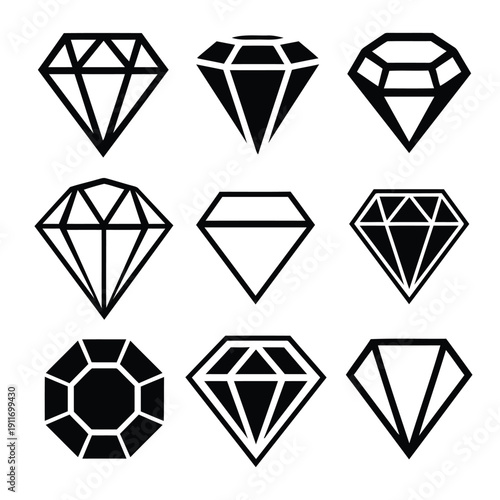 Set of stylized black diamond icons with various facets and shapes