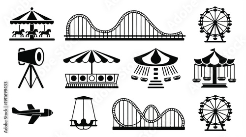 Collection of amusement park ride icons in black and white