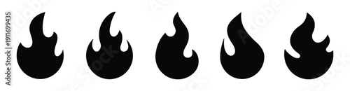 Set of stylized black fire flame icons isolated on white background