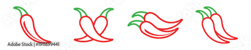 Set of stylized chili pepper icons in red and green outlines