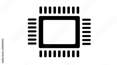 A black and white illustration of a computer chip with numerous rectangular pins surrounding