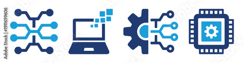Set of technology icons representing digital connection, computer, data processing and microchip