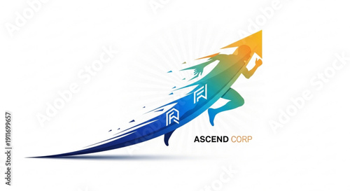 Business growth concept with running man and arrow on gradient background for success and progress