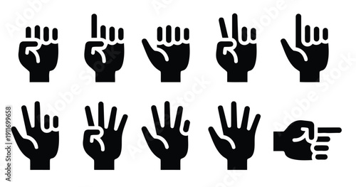 Set of ten hand gestures showing numbers zero to nine and pointing direction