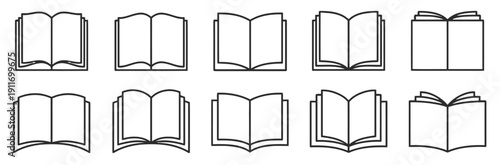 Set of ten outline icons depicting open books with different page styles