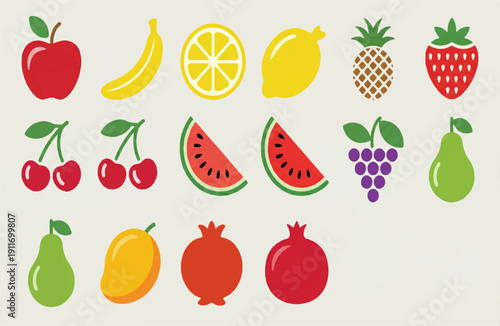 Colorful assortment of fresh fruit illustrations red apple