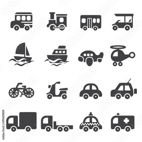 Set of transportation icons including cars trucks boats planes and bicycles for travel and transit