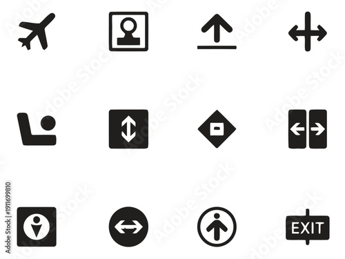 Set of transportation and navigation icons including airplane, elevator, exit, and directions