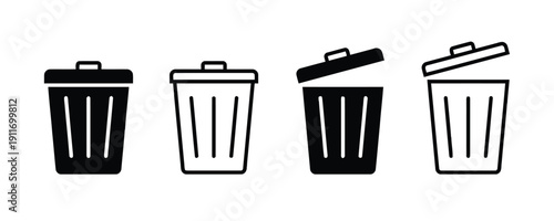 Set of trash can icons in solid and outline styles with open and closed lids
