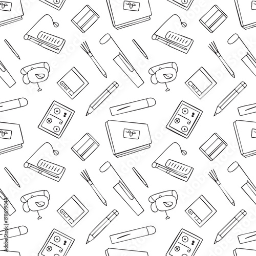 Seamless black and white pattern featuring school supplies and cartoon characters on a white background.