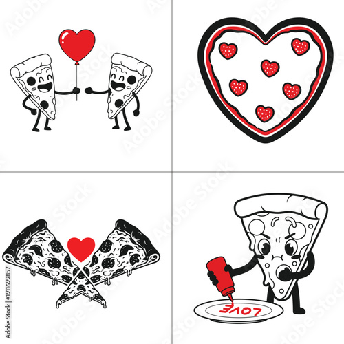 valentine pizza love kawaii slice heart soda couple black white red
