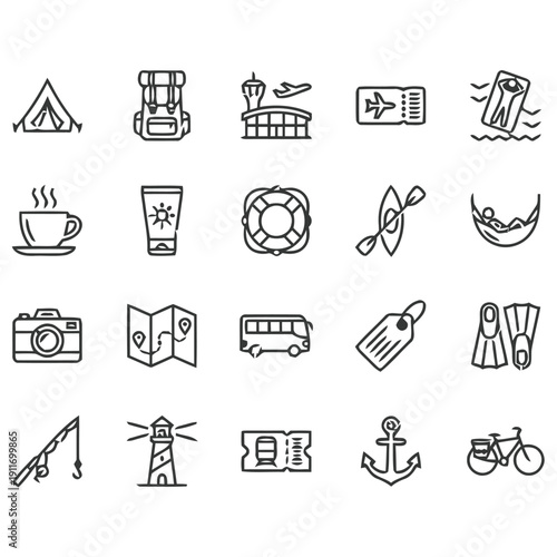 Set of travel and vacation line icons representing adventure and leisure activities