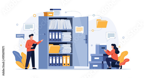 Office workers efficiently organizing documents in a large grey file cabinet and storage boxes to maintain an orderly workplace.