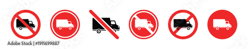 Set of truck icons with prohibition signs representing restricted vehicle transport zones