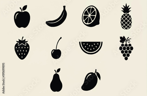 Collection of black fruit icons on a light background