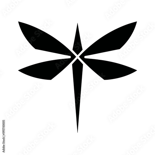 A symmetrical black stylized insect shape with large wings and a pointed body against a white backdrop