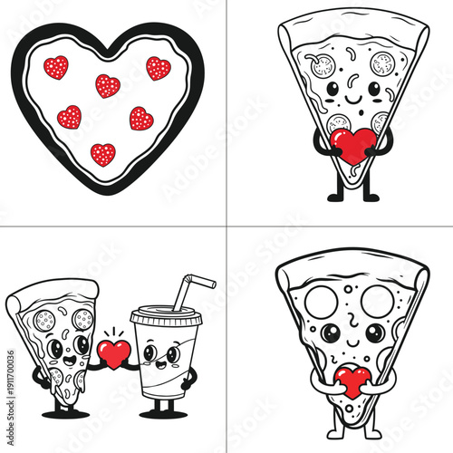 valentine pizza love kawaii slice heart soda couple black white red