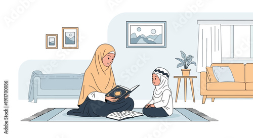 Muslim Mother Teaching Child Quranic Verses at Home