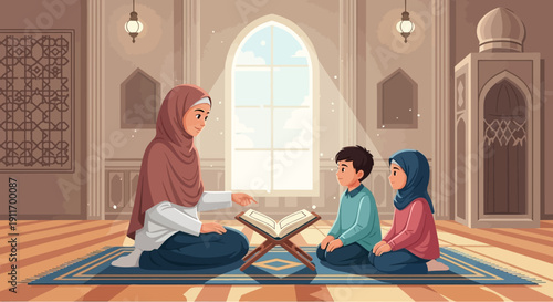 Muslim Mother Teaching Children Quran in Mosque