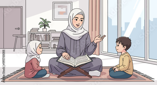 Muslim Mother Teaching Children Quranic Verses at Home