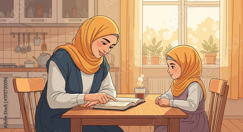 Muslim mother teaching daughter at home, family bonding and education, cozy kitchen scene