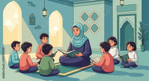 Muslim Teacher Reading Quran to Children in Islamic School Classroom