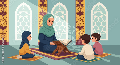 Muslim Teacher Reading Quran to Children in Islamic School Classroom
