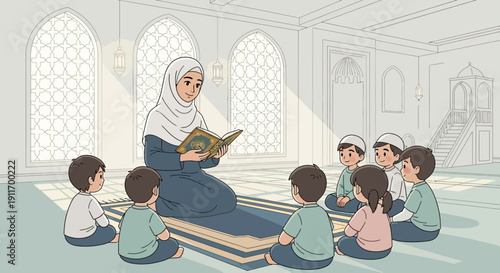 Muslim Teacher Reading Quran to Children in Mosque Classroom