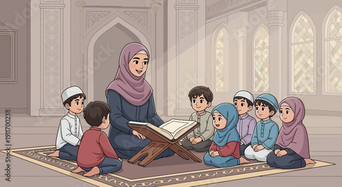 Muslim Teacher Reading Quran to Children in Mosque