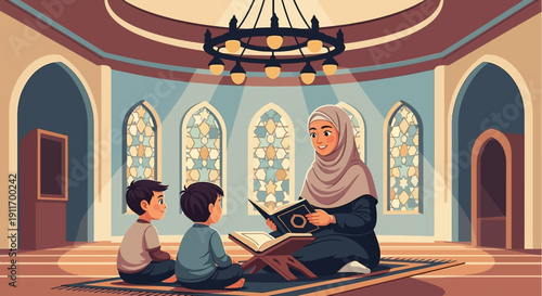 Muslim Teacher Reading Quran to Children in Traditional Room