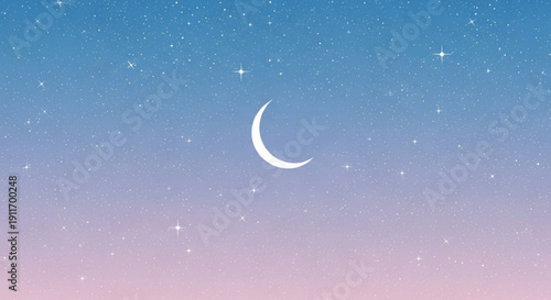Crescent moon in a starry night sky with a gradient of blue purple and pink hues at dusk or dawn