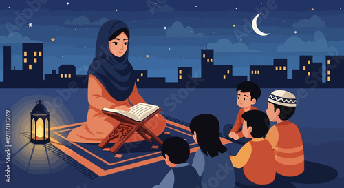 Muslim Teacher Reading Quran to Children Under Starry Night Sky
