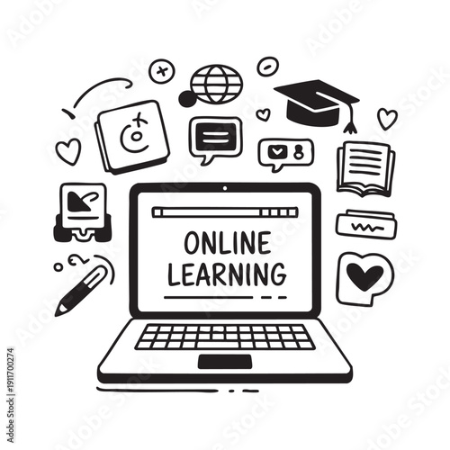 Online learning concept with laptop surrounded by educational icons and symbols representing e-learning and digital education resources.