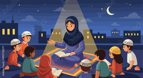 Muslim Teacher Reading to Children Under Crescent Moon