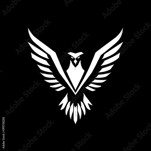 A symmetrical, geometric design of a bird with outstretched wings, in stark white against a black background