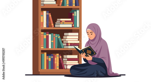 Muslim woman in hijab reading book next to bookshelf