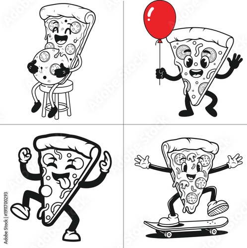 cute pizza slice bundle cat kawaii pepperoni coloring line art