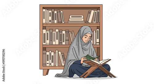 Muslim woman in hijab reading book on stand in front of bookshelf