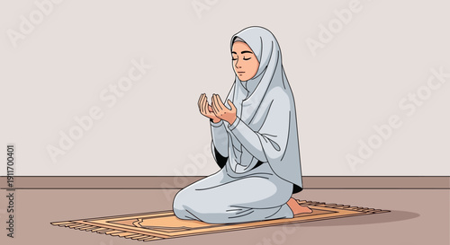 Muslim Woman Praying in Hijab on Prayer Mat - Serene Islamic Devotion