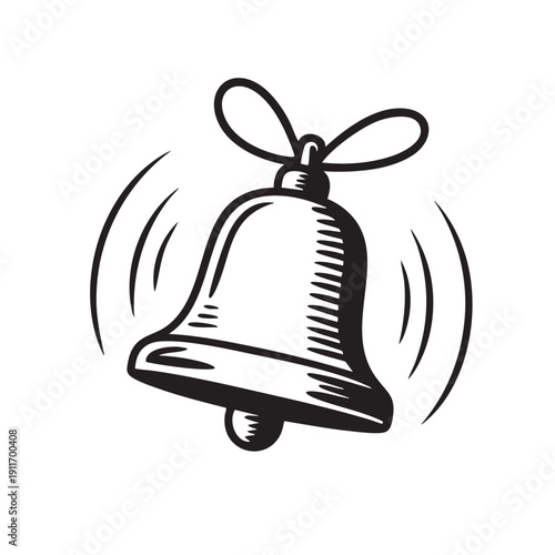 Black and white vintage style drawing of a ringing bell with motion lines indicating sound and vibration