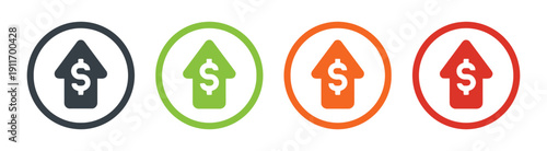 Set of upward arrow icons with dollar sign in circles, signifying price increases