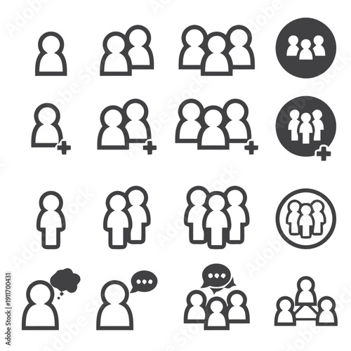 Set of user icons representing different group sizes and additions including zoom and chat elements