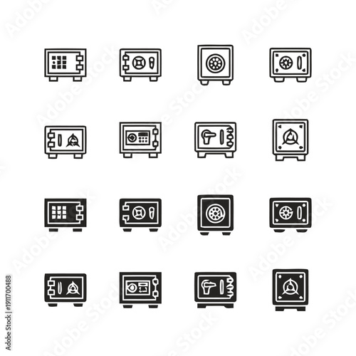 Set of various safe icons in filled and outline styles