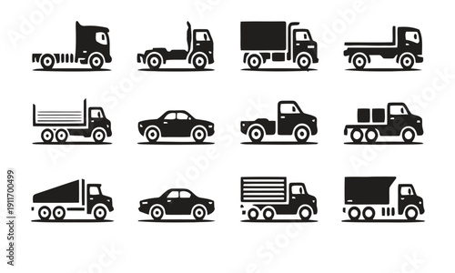 Set of various truck and car icons on white background, transport vehicle illustrations
